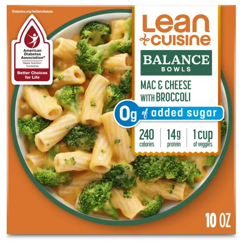 Caja de Tazón Balance Mac & Cheese with Broccoli que dice Better Choices for Life de la Asociación Americana de Diabetes.