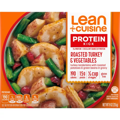 A box of Roasted Turkey and Vegetables with Protein Kick label with 190 calories, 15 grams of protein, half cup of veggies, and gluten free near a bowl of turkey, sweet potatoes and cranberries.