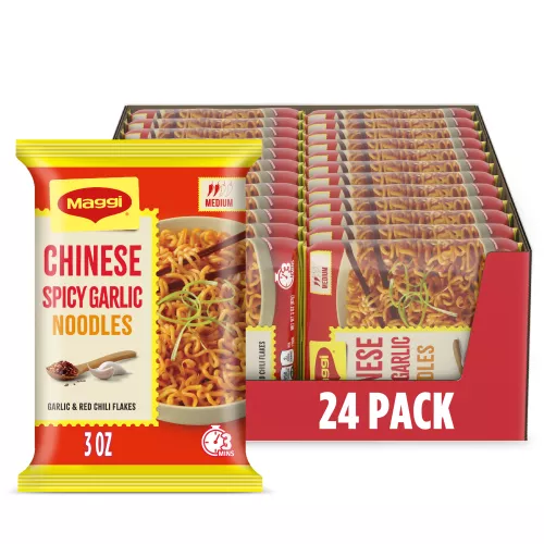 Vista frontal central de fideos Medium Chinese Spicy Garlic MAGGI, Paq. de 24 x 4 oz 24 / 3 oz (87g)PESO NETO 73.6 oz (4 lb 9.6 oz), 2.08 kg.