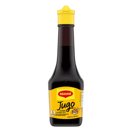 Paquete de sazonador Jugo MAGGI con una etiqueta amarilla brillante con el dibujo de una sartén.