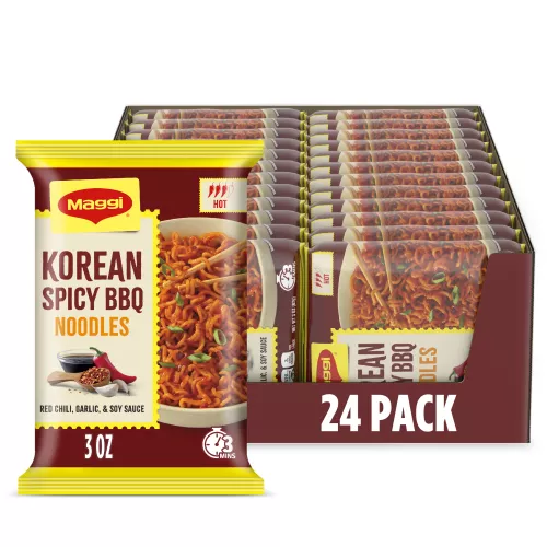 Front Center view of MAGGI Korean Spicy BBQ Noodles 24x3oz 24 / 3 OZ (87 g) PACKS
NET WT 73.6 OZ (4 lb 9.6 OZ) 2.08 kg product.