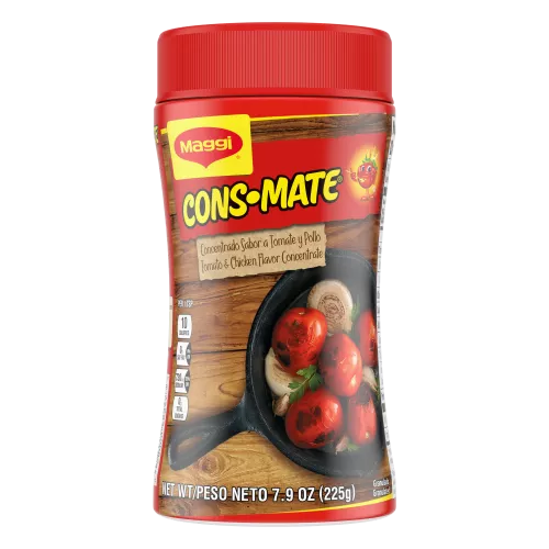 Vista frontal centrada de envase de Concentrado Cons-mate sabor Tomato and Chicken de Maggi con PESO NETO 7.9 oz (225 g).