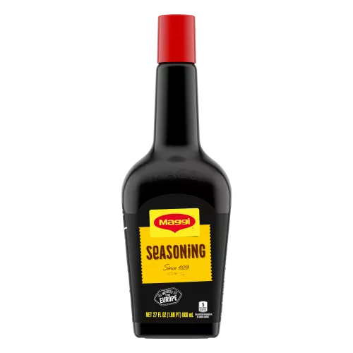 Package of MAGGI Liquid European Seasoning with bright yellow and red label and imported from Europe badge.