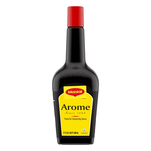 Foto con vista del frente de un envase de Sazonador Arôme MAGGI de 800 ml con una etiqueta amarilla brillante que lee Arôme.