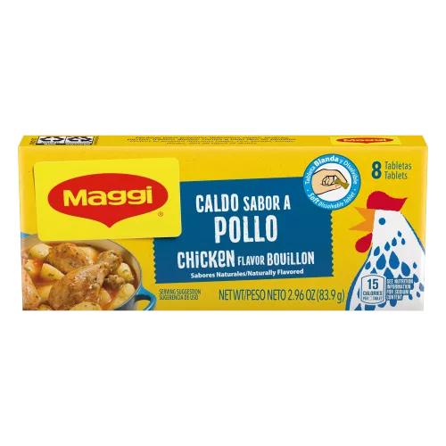 Vista frontal centrada de tabletas de caldo sabor pollo Maggi con PESO NETO 2.96 oz (83.9 g).