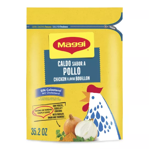 Stand-up pouch of Granulated Chicken Bouillon with a yellow label, illustrated chicken, and Seals For Freshness callout.