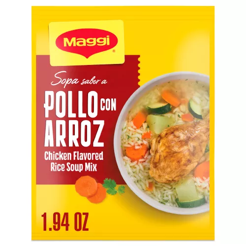 Vista frontal centrada de paquete de 1.94 oz de mezcla para sopa sabor a pollo con arroz MAGGI con PESO NETO 1.94 oz (55 g).