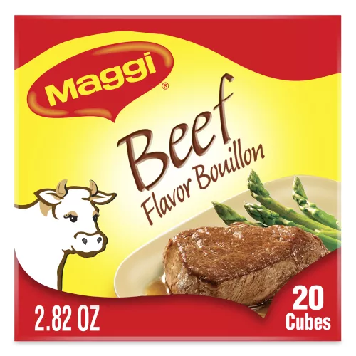 Paquete de Beef Flavor Bouillon con un plato de bistec y espárragos, y el dibujo de una vaca.