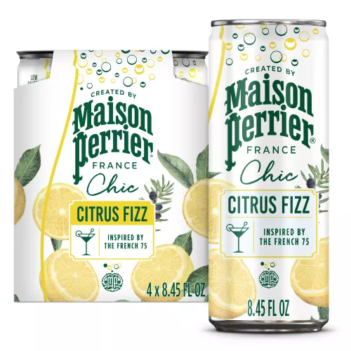 Front Center view of Maison Perrier Chic Citrus Fizz, 8.45 FL OZ Can (4 Count) 4-8.45 FL OZ (250 mL) CANS (33.8 FL OZ [1.06 QT] [1 L] TOTAL) product.