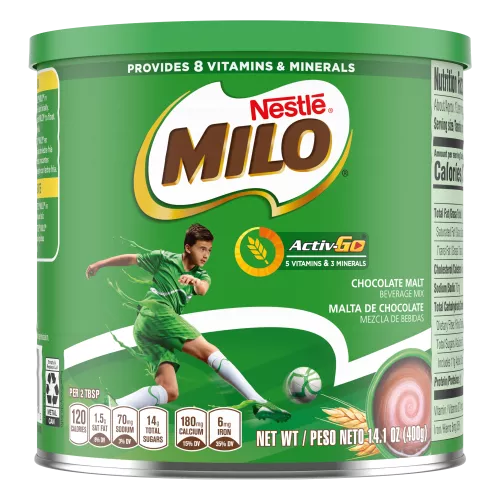 A green container with a green lid and a young boy in a jersey kicking a soccer ball below the product name and benefits.
