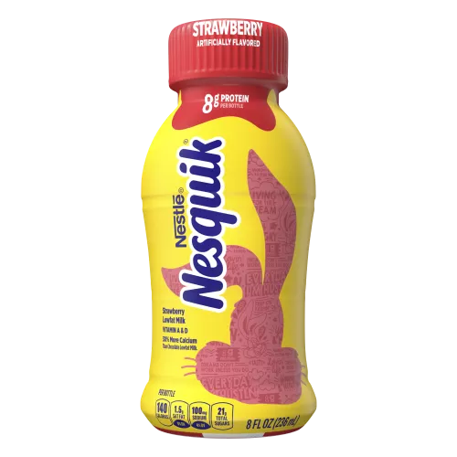 A yellow bottle with a red cap and a red silhouette of the Nesquik bunny’s head.