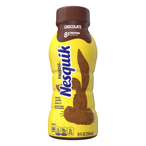 Una botella amarilla con tapa marrón y la silueta marón de la cabeza del conejo de Nesquik.