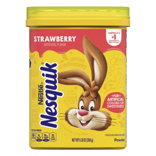 A yellow container with the Nesquik bunny and a red label on the top.