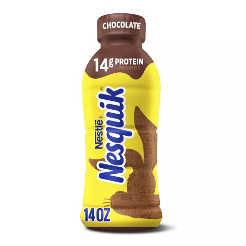 A yellow bottle with a brown cap featuring a brown silhouette of the Nesquik bunny’s head.
