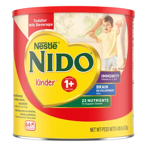 A canister of NIDO 1+ with a red label and a young boy near a badge that reads “immunity, Vitamins A, C, & D, Iron, & Zinc.”