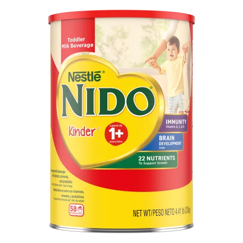 Front Center view of NIDO Kinder 1+ Powdered Milk Beverage 4.85 lb Canister NET WT 4.41 LB (2.0 kg) product.