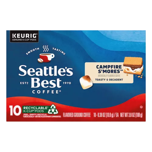 Front Center view of SEATTLE'S BEST COFFEE Campfire Smores Flavored Ground Coffee K-Cup Pods 10 Count 3.8oz Box product.