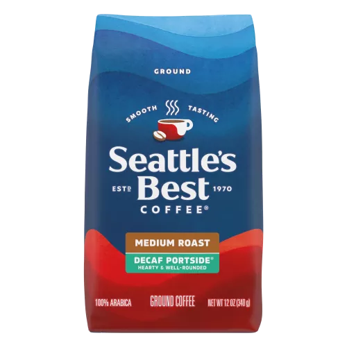 Front Center view of SEATTLE'S BEST COFFEE Decaf Portside Blend Ground Coffee 12oz Bag NET WT 12 OZ (340 g) product.