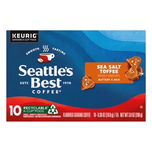 Front Center view of SEATTLE'S BEST COFFEE Sea Salt Toffee Flavored Ground Coffee KCup Pods 10 Count 3.8oz Box product.