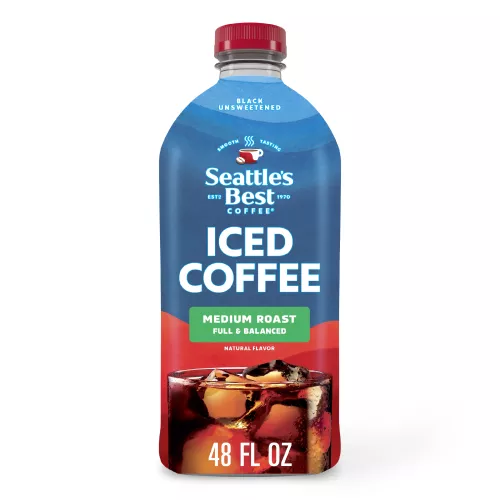 Front Center view of Seattle’s Best Coffee Black Unsweetened Medium Roast Iced Coffee 48oz 48 FL OZ (1.5 QT) 1.42 L product.