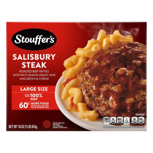 Box of Salisbury Steak featuring a plate of beef and macaroni below the product name and "100% PURE BEEF" label.