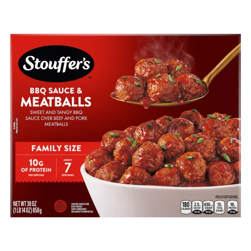 Box of BBQ Sauce & Meatballs with Family Size, 10 Grams Protein per Serving, and Ready in 20min badges.