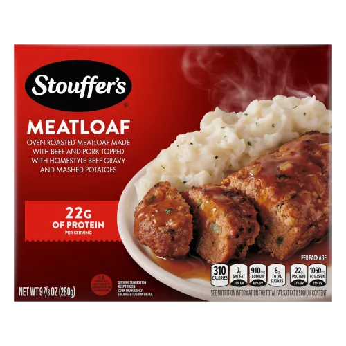 Box of Classic Meatloaf with a plate of mashed potatoes, gravy and meatloaf below the product name and STOUFFER'S logo.