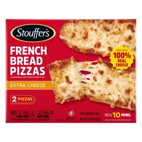 Box of Extra Cheese French Bread Pizza with 2 pieces beside an orange label, the product name and vintage STOUFFER'S logo.