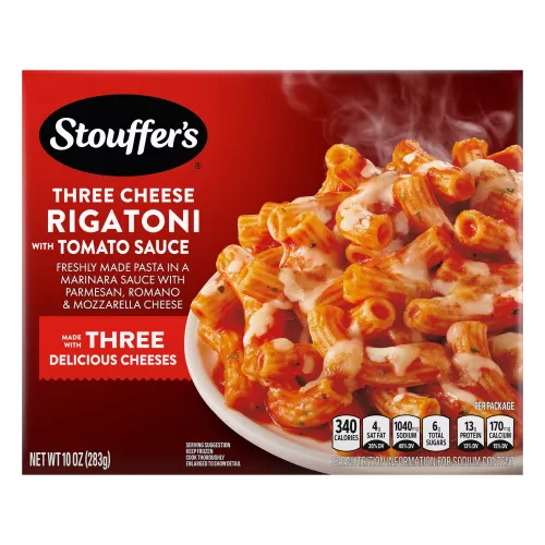 Front Center view of STOUFFER'S Frozen Meals Three Cheese Rigatoni with Tomato Sauce 10oz Box NET WT 10 OZ (283 g) product.
