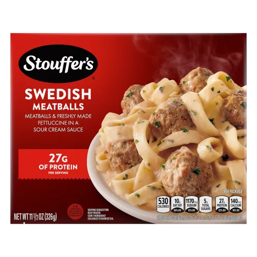 Caja de Swedish Meatballs con pasta y albóndigas debajo del nombre del producto y del logo de STOUFFER'S.