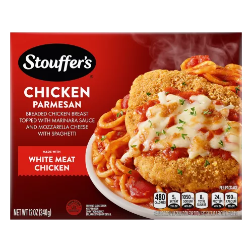Box of Chicken Parmesan featuring a plate of spaghetti and chicken below the product name and STOUFFER'S logo.