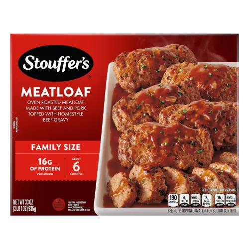 Caja de Meatloaf con un plato y una fuente de pan de carne y salsa espesa junto al nombre del producto, al logo y a una etiqueta que dice "TAMAÑO FAMILIAR".