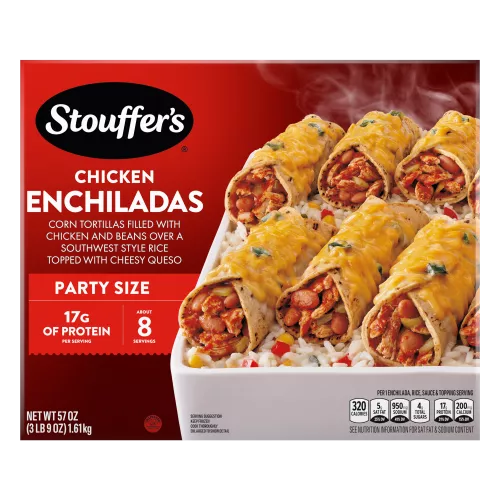 Box of Chicken Enchiladas with a dish of enchiladas beside forks & plates below the product name and "2x the Chicken" label.