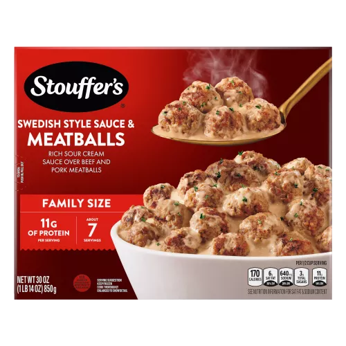 Box of Swedish Style Sauce & Meatballs with Family Size, 11 Grams Protein per Serving, and Ready in 20min badges.