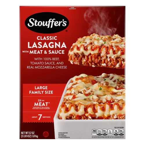 Box of Lasagna with Meat & Sauce featuring a plate and dish of lasagna near the product name and "2x the Meat" label.