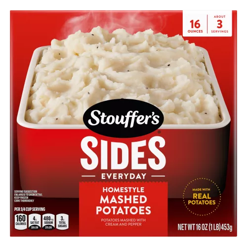 Box of Homestyle Mashed Potatoes with Stouffer’s Sides, new!, and made with real potatoes badges.