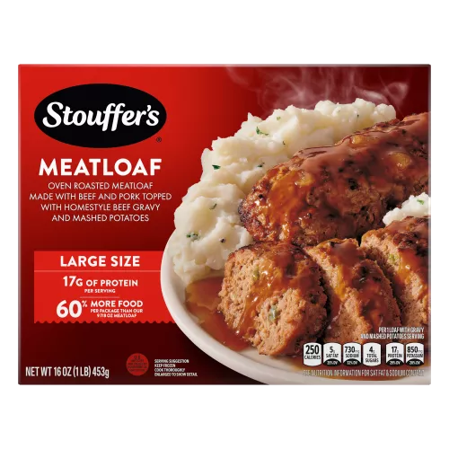 Box of Meatloaf with a plate of mashed potatoes, gravy and meatloaf below the product name and "17g of Protein" label.