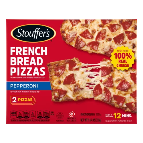Box of Pepperoni French Bread Pizza with 2 pieces beside a blue label, the product name and vintage STOUFFER'S logo.