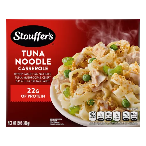 Box of Tuna Noodle Casserole with a plate of noodles and celery below the product name and STOUFFER'S logo.