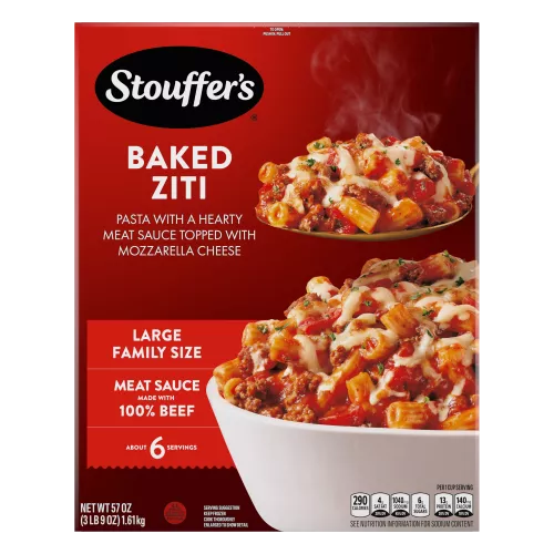 Box of Baked Ziti featuring a plate of pasta and sauce below the product name, STOUFFER'S logo and "100% PURE BEEF" label.