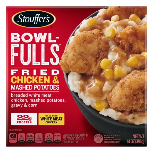 Box of Fried Chicken & Mashed Potatoes Bowl-FULLS with a bowl of potatoes and chicken beside the product name and logo.