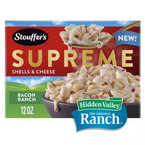 Front Center view of STOUFFERS Shelf Stable Macaroni Cheese and Bacon with Ranch Sauce 12oz Box NET WT 12 OZ (340 g) product.