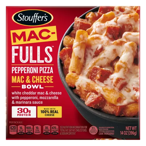 Box of Pepperoni Pizza Mac & Cheese Mac-FULLS with a bowl of pepperoni and pasta near a "29g PROTEIN" label.
