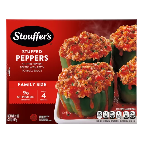 Box of Stuffed Pepper featuring a plate and dish with green peppers and beef below the product name and STOUFFER'S logo.