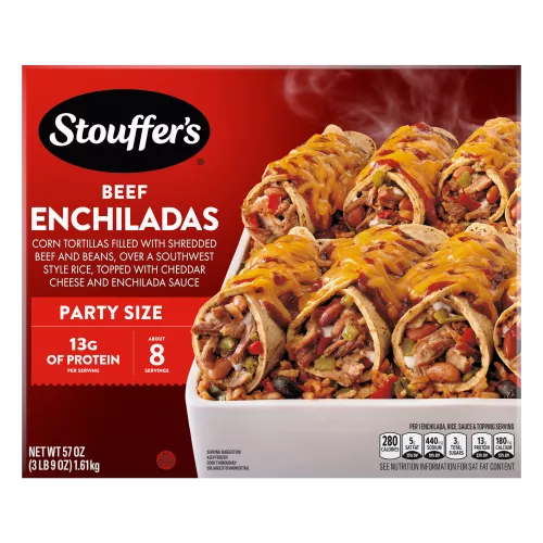 Front Center view of STOUFFER'S Frozen Meal Beef Enchilada Party Size Tray 57oz NET WT 57 oz (3 lb 9 oz) 1.61 kg product.