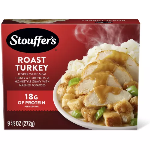 Box of Roast Turkey with a plate of turkey, stuffing, and mashed potatoes under the product name and STOUFFER'S logo.