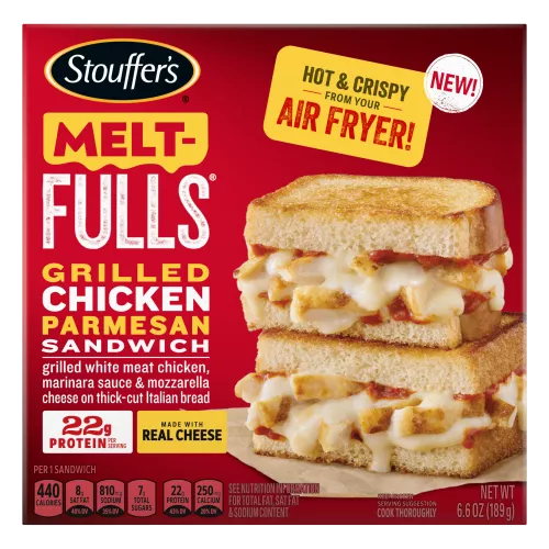 Box of Grilled Chicken Parmesan Melt-FULLS with hot & crispy from your air fryer and made with real cheese badges