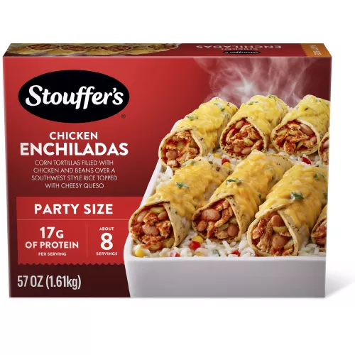 Box of Chicken Enchiladas with a dish of enchiladas beside forks & plates below the product name and "2x the Chicken" label.