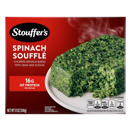 Box of Spinach Soufflé with a plate of spinach soufflé under the product name and STOUFFER'S logo.