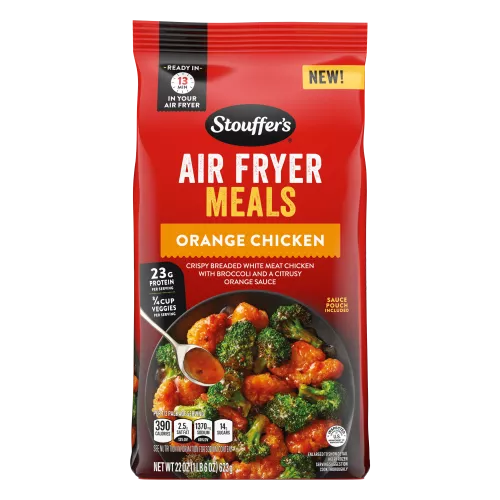 Front Center view of STOUFFER'S Air Fryer Orange Chicken Frozen Entrée NET WT 22 oz (1 lb 6 oz) 623 g product.